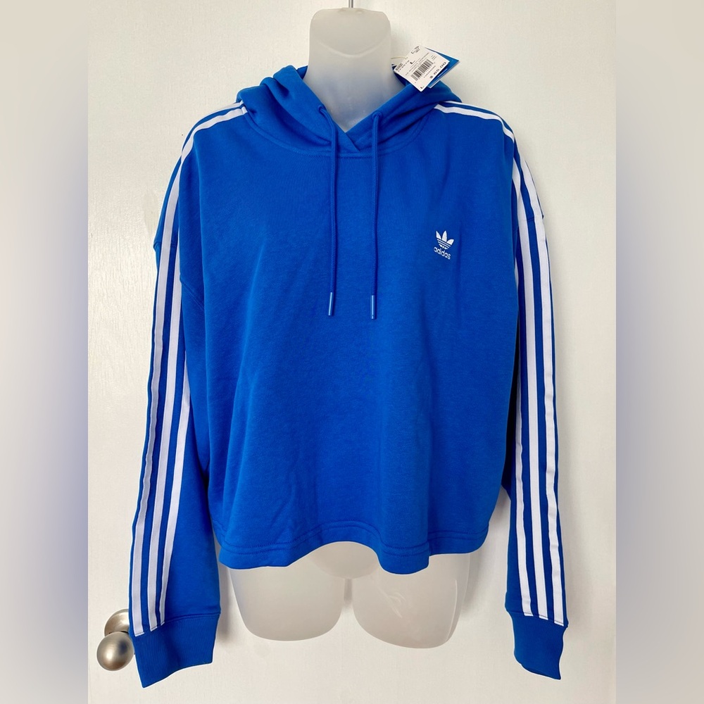 Adidas Women’s Original Sweatshirt 3 Stripes Short Hoodie Size L Blue